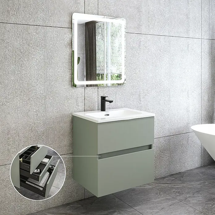 Disbain Conjunto de mueble de baño Kuntur - Ancho: 60 cm, Verde té, 3 pzs. - Moderno lavabo de baño con dos cajones y espejo iluminado para un ambiente elegante.