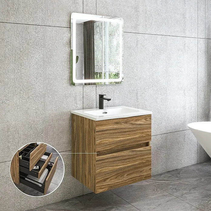 Disbain Conjunto de mueble de baño Kuntur - Ancho: 60 cm, Palisandro, 3 pzs. - Un lavabo moderno con tocador con aspecto de madera y espejo iluminado montado en una pared de azulejos grises.