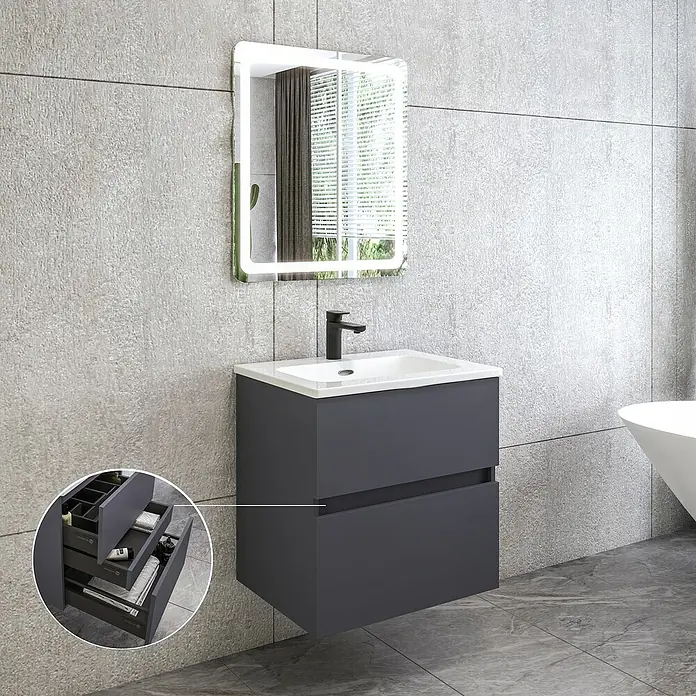 Disbain Conjunto de mueble de baño Kuntur - Ancho: 60 cm, Azul noche, 3 pzs. - El conjunto de tocador de baño con mueble gris, lavabo blanco y espejo iluminado añade un toque moderno a tu baño.
