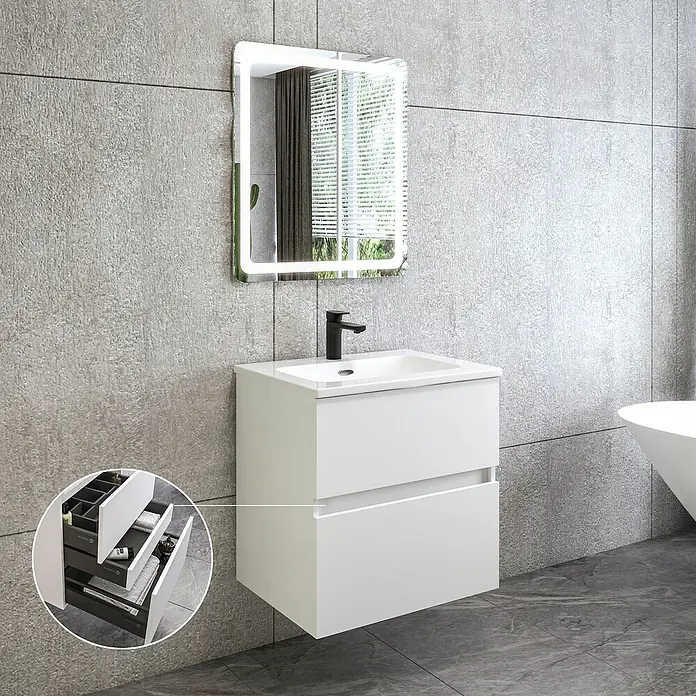 Disbain Conjunto de mueble de baño Kuntur - Ancho: 60 cm, Blanco, 3 pzs. - Lavabo moderno con mueble bajo blanco y espejo con iluminación integrada, ideal para un baño elegante.