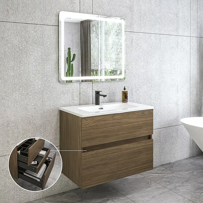 Disbain Conjunto de mueble de baño Kuntur - Ancho: 80 cm, Nogal italiano, 3 pzs. - Un moderno mueble de lavabo con dos cajones, una encimera blanca y un espejo iluminado, ideal para baños elegantes.
