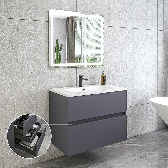 Disbain Conjunto de mueble de baño Kuntur - Ancho: 80 cm, Azul noche, 3 pzs. - Mueble de baño con dos cajones y espejo iluminado con LED para un ambiente de baño moderno y elegante.