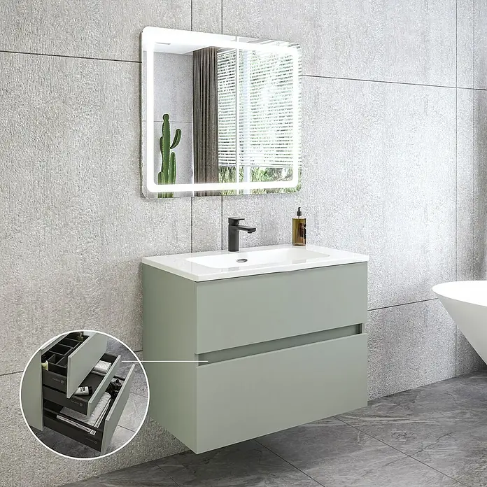 Disbain Conjunto de mueble de baño Kuntur - Ancho: 80 cm, Verde té, 3 pzs. - Un moderno conjunto de tocador de baño con un mueble gris, un lavabo blanco y un espejo iluminado, diseñado para interiores de baño elegantes.
