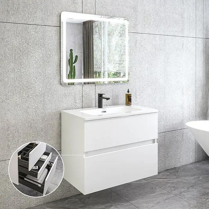 Disbain Conjunto de mueble de baño Kuntur - Ancho: 80 cm, Blanco, 3 pzs. - Imagen de un moderno mueble de baño blanco con lavabo, grifo y espejo LED iluminado. El mueble cuenta con cajones para almacenamiento y un diseño minimalista.
