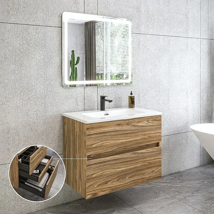 Disbain Conjunto de mueble de baño Kuntur - Ancho: 80 cm, Palisandro, 3 pzs. - Elegante lavabo de baño con textura de madera y espejo iluminado para un ambiente moderno.