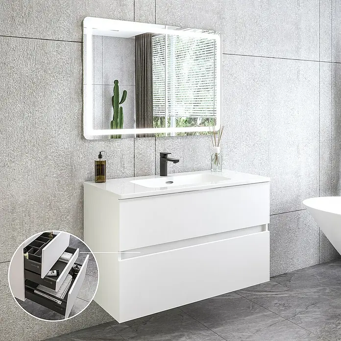 Disbain Conjunto de mueble de baño Kuntur - Ancho: 100 cm, Blanco, 3 pzs. - Moderno baño con tocador blanco, lavabo empotrado y espejo iluminado para un ambiente elegante.