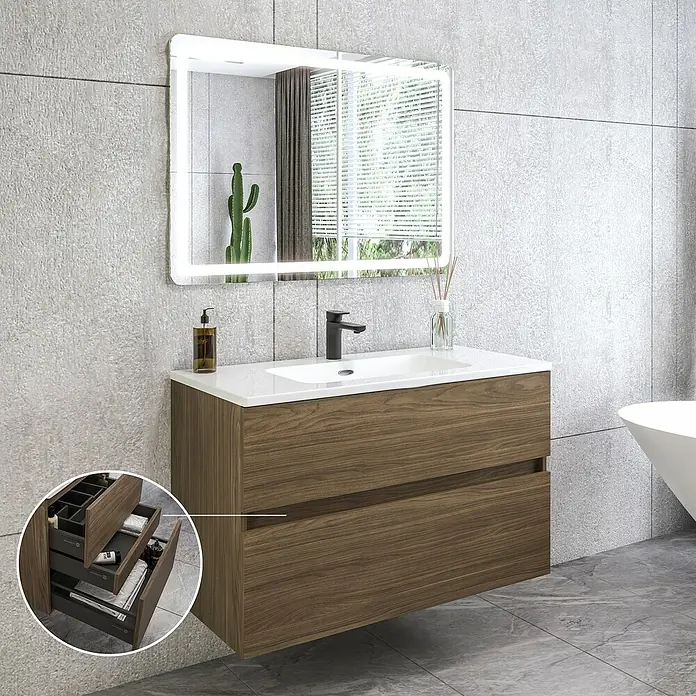 Disbain Conjunto de mueble de baño Kuntur - Ancho: 100 cm, Nogal italiano, 3 pzs. - Imagen de un moderno tocador de baño con dos cajones y un espejo iluminado.