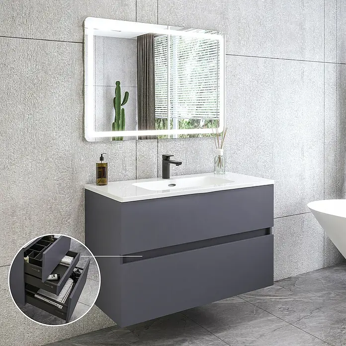 Disbain Conjunto de mueble de baño Kuntur - Ancho: 100 cm, Azul noche, 3 pzs. - Un moderno conjunto de tocador de baño gris con espejo y cajones extraíbles ofrece elegantes soluciones de almacenamiento.
