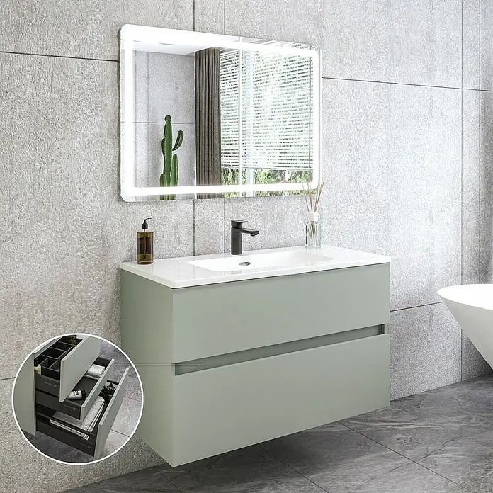 Disbain Conjunto de mueble de baño Kuntur - Ancho: 100 cm, Verde té, 3 pzs. - Baño moderno con un mueble de lavabo verde salvia, un lavabo y un espejo iluminado.