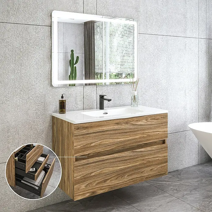 Disbain Conjunto de mueble de baño Kuntur - Ancho: 100 cm, Palisandro, 3 pzs. - Un tocador de madera moderno con un espejo brillante encima. El tocador ofrece un espacio de almacenamiento práctico con cajones.