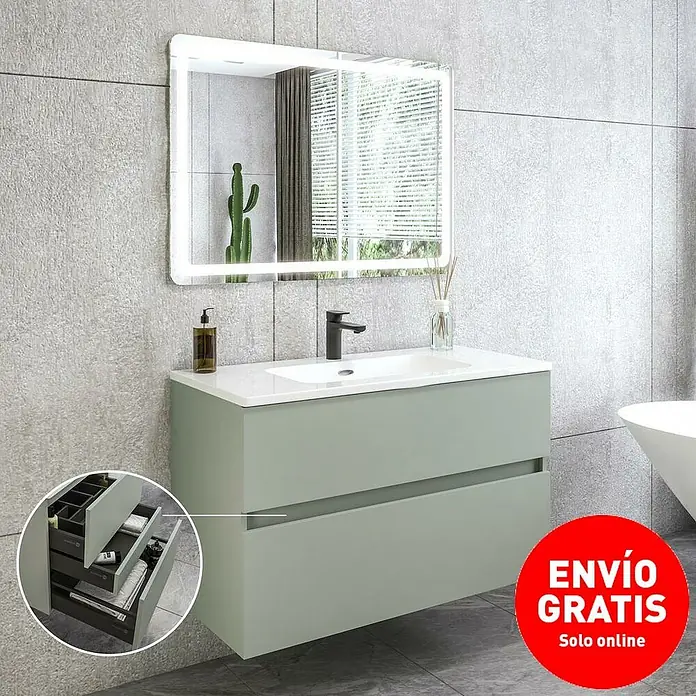 Disbain Conjunto de mueble de baño Kuntur - Ancho: 100 cm, Verde té, 3 pzs. - Moderno mueble de baño con dos cajones en verde y espejo iluminado, para un ambiente elegante.