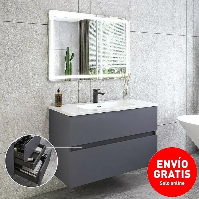 Disbain Conjunto de mueble de baño Kuntur - Ancho: 100 cm, Azul noche, 3 pzs. - Mueble de lavabo gris con dos cajones y lavabo blanco, complementado con un espejo iluminado.