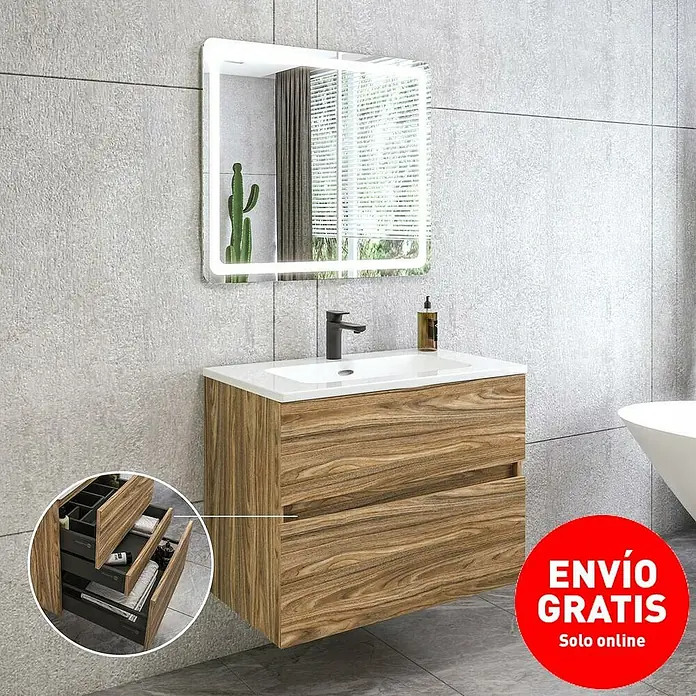 Disbain Conjunto de mueble de baño Kuntur - Ancho: 80 cm, Palisandro, 3 pzs. - Mueble de baño moderno con acabado de madera y espejo con iluminación integrada para un ambiente elegante.