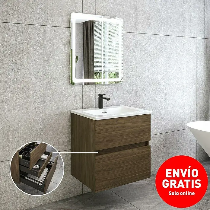 Disbain Conjunto de mueble de baño Kuntur - Ancho: 60 cm, Nogal italiano, 3 pzs. - Mueble de baño con dos cajones, un lavabo con grifo y un espejo iluminado en la pared. Mueble de baño moderno.