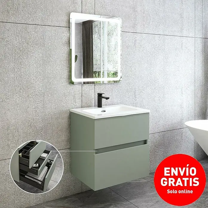 Disbain Conjunto de mueble de baño Kuntur - Ancho: 60 cm, Verde té, 3 pzs. - Imagen de un mueble de baño con lavabo y espejo. El mueble es de estilo moderno.