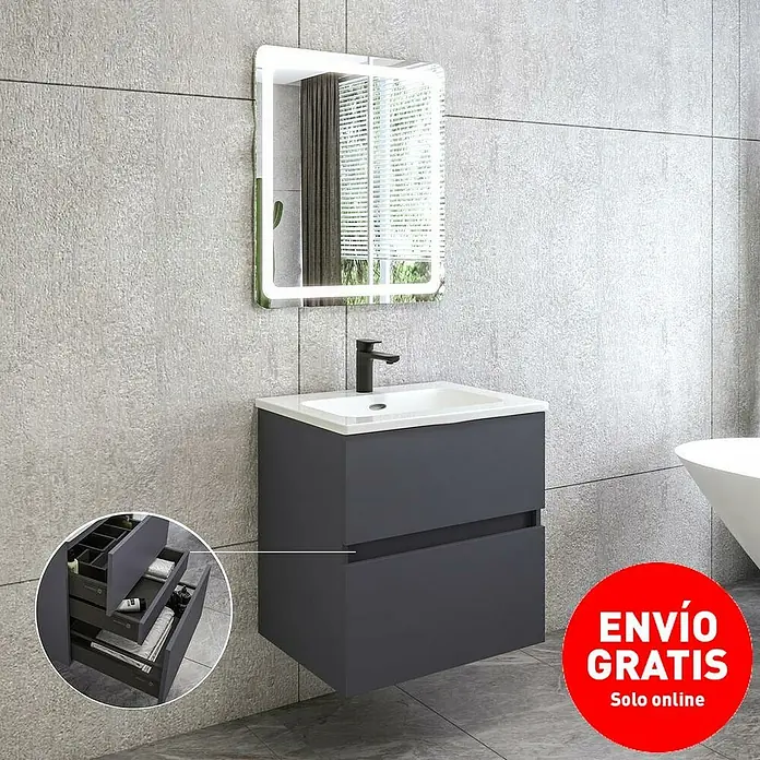 Disbain Conjunto de mueble de baño Kuntur - Ancho: 60 cm, Azul noche, 3 pzs. - Lavabo de baño moderno con tocador antracita y espejo iluminado. Diseño elegante perfecto para cualquier baño.