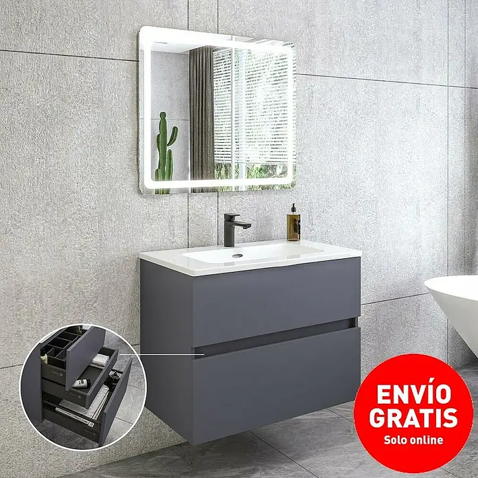 Disbain Conjunto de mueble de baño Kuntur - Ancho: 80 cm, Azul noche, 3 pzs. - Mueble de baño gris con lavabo y espejo LED, que ofrece una solución de almacenamiento elegante para baños modernos.