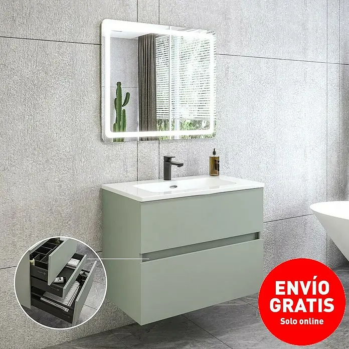 Disbain Conjunto de mueble de baño Kuntur - Ancho: 80 cm, Verde té, 3 pzs. - Mueble de baño moderno con lavabo, espejo y cajones, que ofrece un diseño elegante para un ambiente de baño sofisticado.
