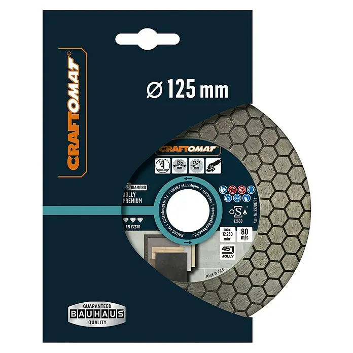 Craftomat Diamant-Trennscheibe Jolly Premium - Durchmesser Scheibe: 125 mm, 1 Stk. - Produktverpackung einer CRAFTOMAT Diamanttrennscheibe, 125 mm Durchmesser, ideal für präzise Schnitte und hochwertige Verarbeitung.
