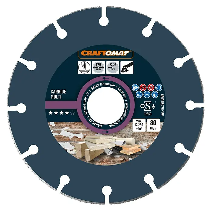 Craftomat Trennscheibe Carbide Multi - Hartmetall, Durchmesser Scheibe: 125 mm - Bild einer Craftomat Carbide Multi Trennscheibe, ideal für vielfältige Materialien, mit technischen Details wie Durchmesser und maximaler Geschwindigkeit.