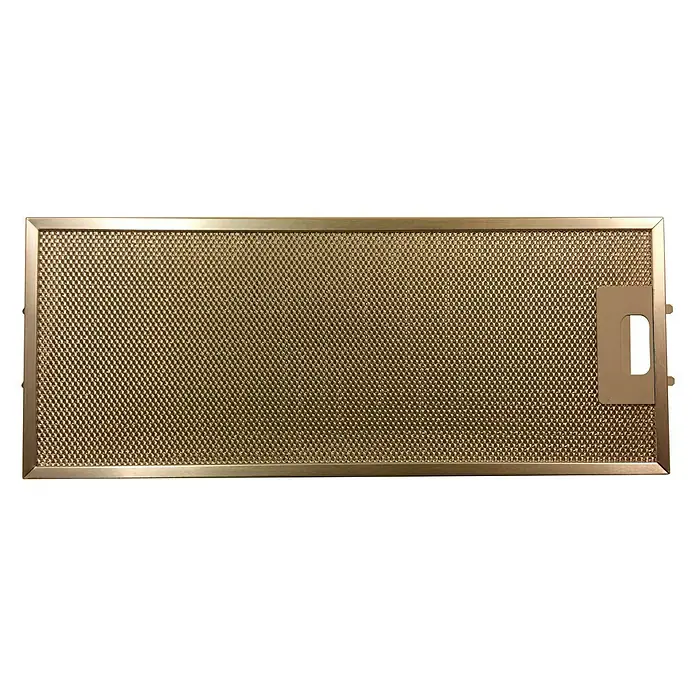 Respekta Fettfilter - Metall, 2 Stk., Passend für: Respekta Dunstabzugshaube DH 4138 IX - Ein rechteckiger, goldfarbener Fettfilter für Dunstabzugshauben mit feiner Netzstruktur und Griff.
