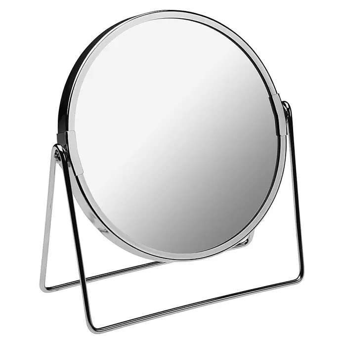 Versa Espejo cosmético con soporte - 18,5 x 20,8 cm, Redonda, Aumento 1: 700 % - Espejo redondo de pie con un elegante marco de metal cromado y un diseño moderno. Ideal para maquillaje o afeitado.