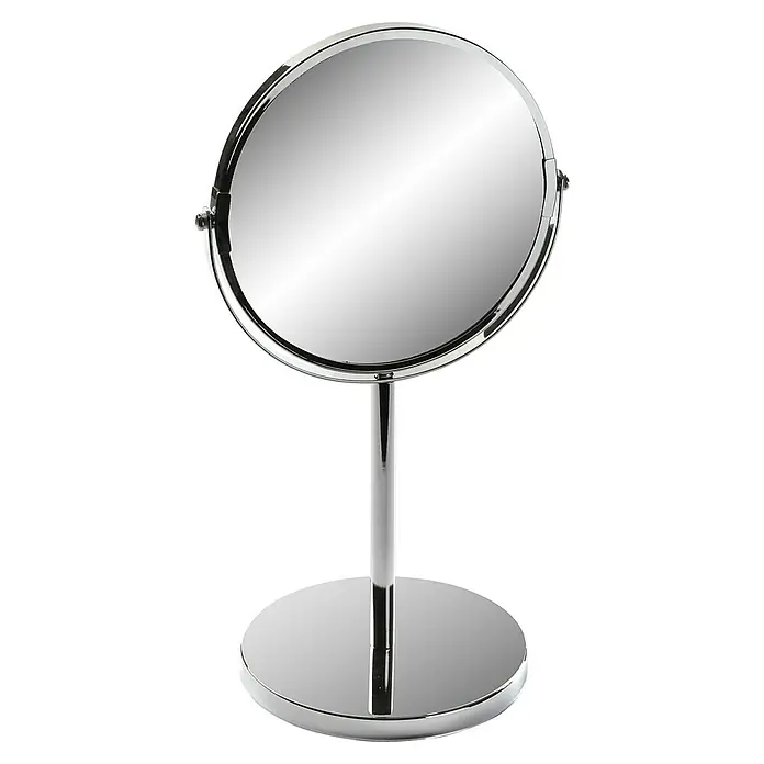 Versa Espejo cosmético con pie - 18,5 x 34 cm, Redonda, Cromo, Aumento 1: 100 %, Aumento 2: 700 % - Imagen de un espejo de tocador redondo cromado sobre un soporte, aislado sobre un fondo negro.