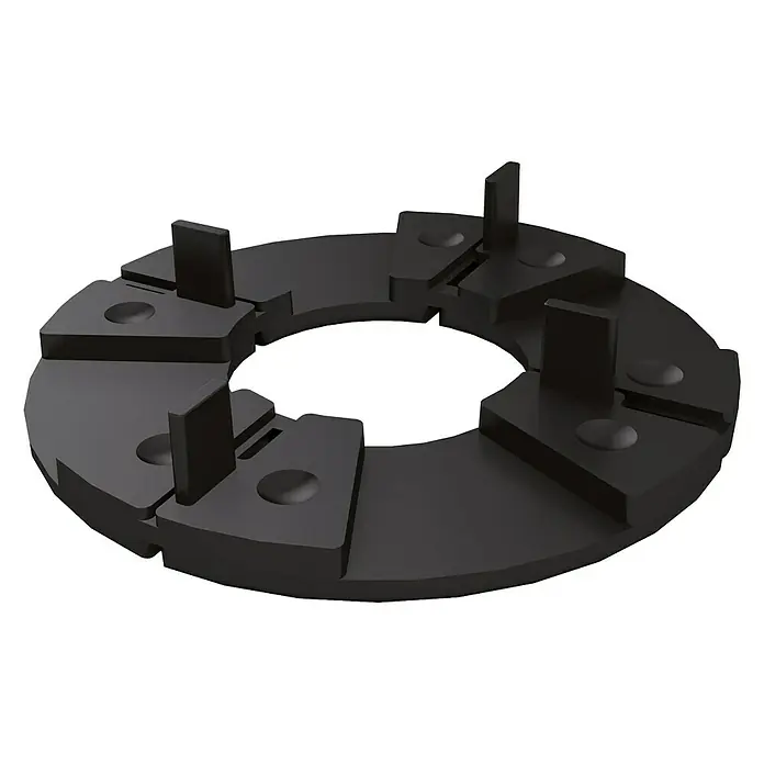 Plattenlager TL1 - 15 Stk., Kunststoff - Schwarze Elastomerkupplung mit sechs Armen und vertikalen Stiften für flexible Wellenverbindungen und Vibrationsdämpfung.