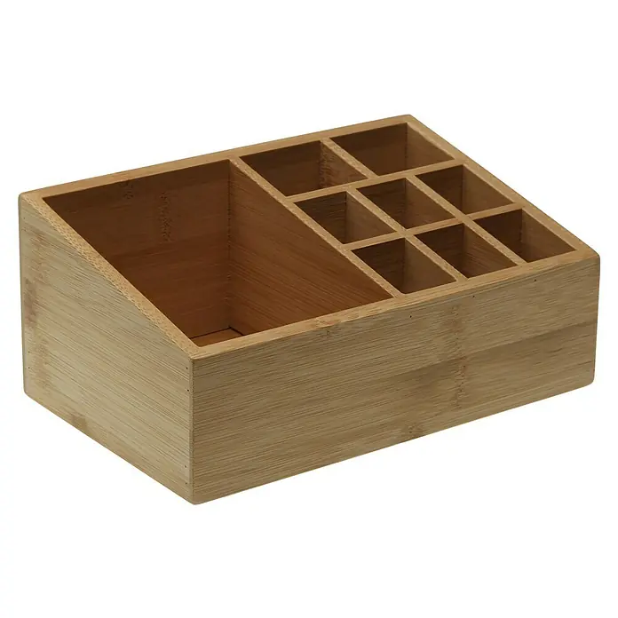 Versa Organizador de Bambú - Número de compartimentos: 9 ud., Natural - Organizador de madera de bambú con múltiples compartimentos para guardar cosméticos y otros objetos pequeños.
