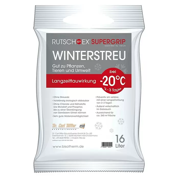 Winterstreu Rutsch-Ex Supergrip - 16 l, Chloridfrei - Weiße Packung RUTSCHEX SUPERGRIP Winterstreu mit roter und grauer Beschriftung, betont Langzeit-Tauwirkung bis -20°C für 2-3 Tage.