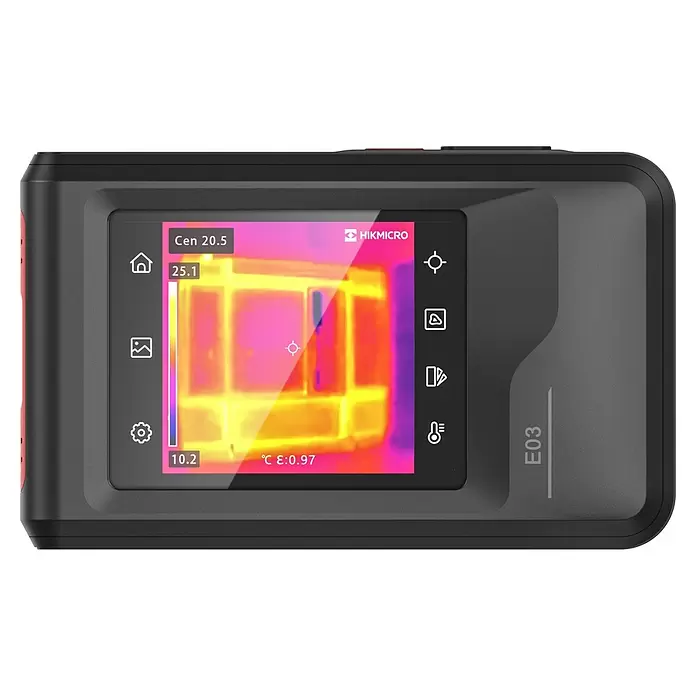 Hikmicro Wärmebildkamera E03 - Messbereich Temperatur: -20 °C - 350 °C - Schwarze und rote HIKMICRO E03 Wärmebildkamera mit Bildschirm, der ein Wärmebild und Temperaturwerte anzeigt.