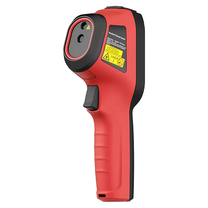 Hikmicro Wärmebildkamera E01 - Messbereich Temperatur: -20 °C - 550 °C - Rot-schwarze Hand-Wärmebildkamera mit texturiertem Griff und Laserpointer zur berührungslosen Temperaturmessung.