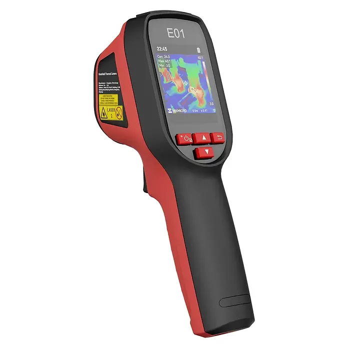 Hikmicro Wärmebildkamera E01 - Messbereich Temperatur: -20 °C - 550 °C - Schwarz-rote Handheld-Wärmebildkamera mit Display, das Wärmebilder und Laserwarnung anzeigt.