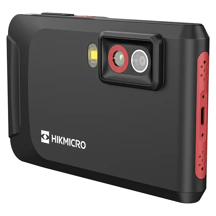 Hikmicro Cámara de imagen térmica E03 - Rango de medición de temperatura: -20 °C - 350 °C - Cámara termográfica HIKMICRO negra robusta con detalles rojos, con dos lentes y una luz amarilla brillante en el frente.