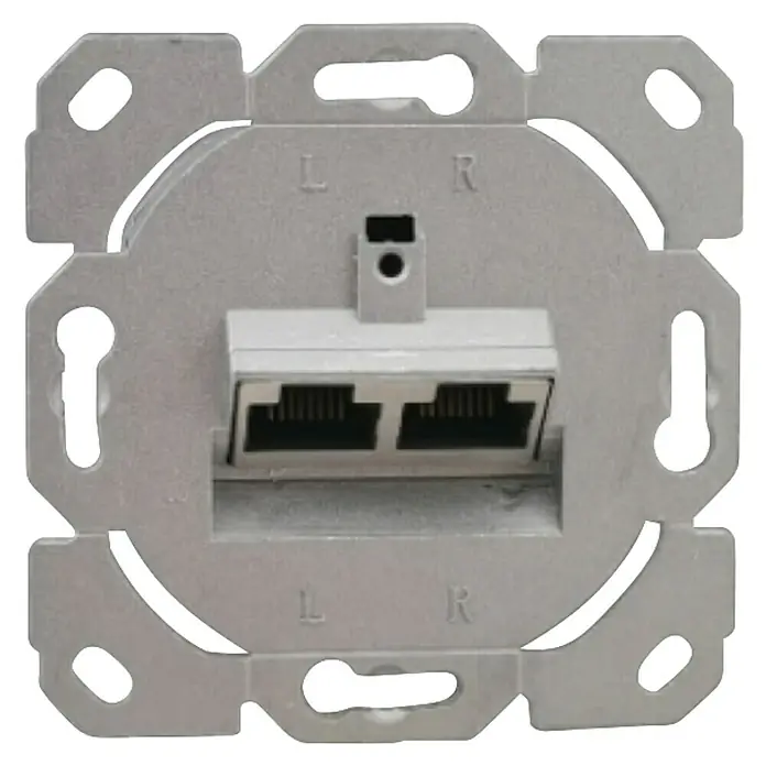 UAE-Datendose CAT 6a - Silber, Unterputzmontage - Nahaufnahme einer Doppel-RJ45-Netzwerkdose mit Montageplatte für den Wandeinbau, ideal für strukturierte Verkabelung.