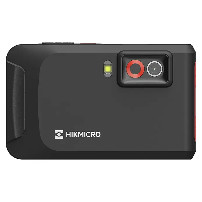 Hikmicro Wärmebildkamera E03 - Messbereich Temperatur: -20 °C - 350 °C - Dunkelgraue Wärmebildkamera mit Doppellinsen, gelber LED und rotem Seitenakzent.
