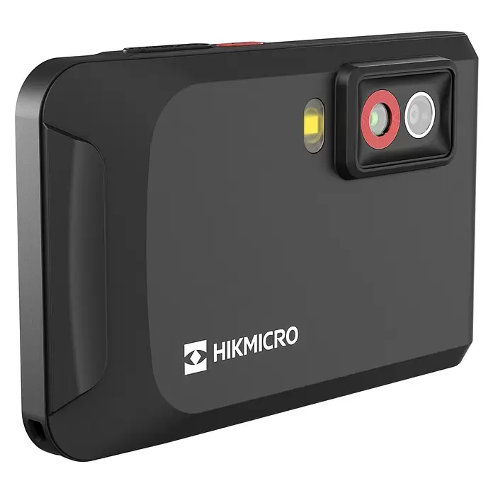 Hikmicro Wärmebildkamera E03 - Messbereich Temperatur: -20 °C - 350 °C - Kompaktes schwarzes HIKMICRO Wärmebildgerät mit zwei rückseitigen Objektiven (eines mit rotem Ring, eines mit weißem Ring) und gelber Anzeigeleuchte.