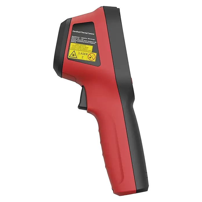 Hikmicro Wärmebildkamera E02 - Messbereich Temperatur: -20 °C - 550 °C - Rot-schwarze Hand-Wärmebildkamera mit Auslöser und Laserwarnschild der Klasse 2.
