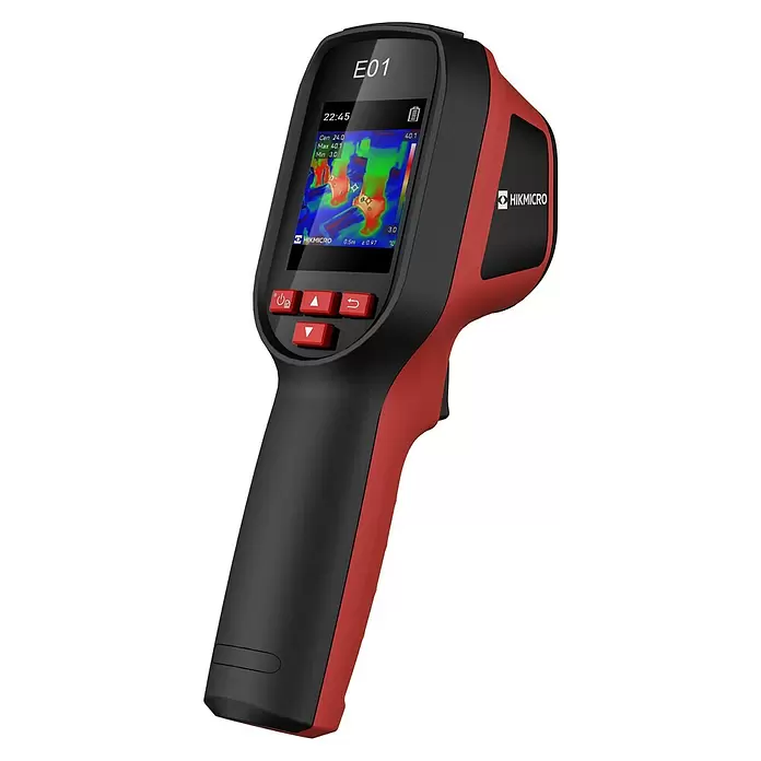 Hikmicro Cámara de imagen térmica E01 - Rango de medición de temperatura: -20 °C - 550 °C - Cámara termográfica roja y negra con pantalla que muestra lecturas de temperatura y varios botones de control.