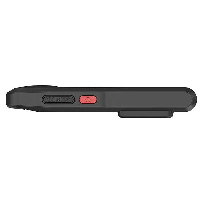 Hikmicro Wärmebildkamera E03 - Messbereich Temperatur: -20 °C - 350 °C - Dunkelgraues Elektronikgerät mit strukturierter Oberfläche, rotem Einschaltknopf und einem Mehrfachstiftanschluss an der Seite.