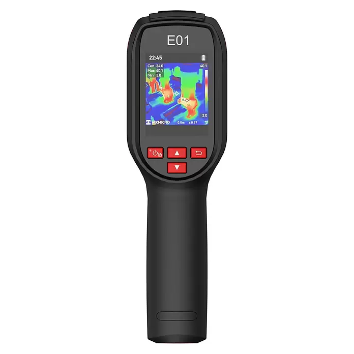 Hikmicro Wärmebildkamera E01 - Messbereich Temperatur: -20 °C - 550 °C - Schwarze Hand-Wärmebildkamera mit Temperaturdaten und Wärmebild.