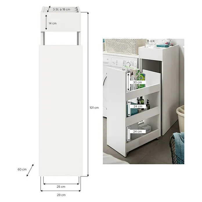 xonox.home Free Midischrank - B x T x H: 29 x 60 x 101 cm, Weiß, Matt - Bild eines weißen, schmalen Badezimmerregals mit mehreren Ablagen und Schubladen, das zur Aufbewahrung von Badutensilien dient.