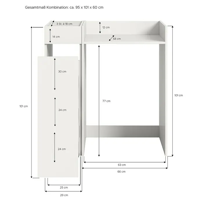 xonox.home Free Waschmaschinenregal - L x B x H: 60 x 95 x 101 cm, Weiß - Detailansicht des weißen Schranks mit den Maßen 95 x 101 x 60 cm, inklusive Schubladen, Fächern und genauen Größenangaben.