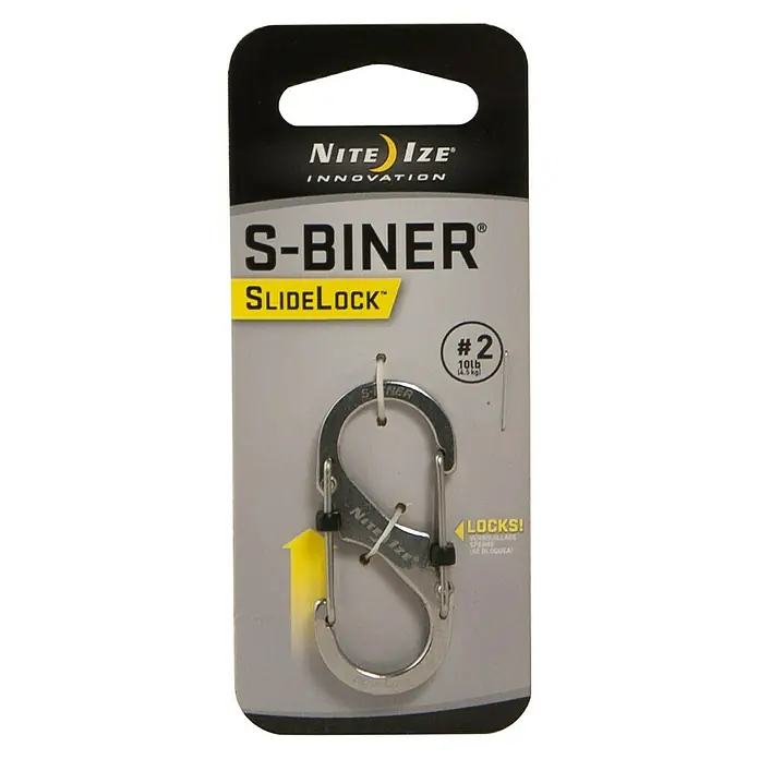 Nite Ize Doppelkarabiner Slide Lock - 50 x 22 mm, Edelstahl, Silber, Belastbarkeit: 4,5 kg - Nite Ize S-Biner SlideLock Karabiner in Größe 2. Ideal zum Organisieren und Sichern von Schlüsseln und kleinen Gegenständen.