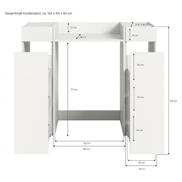 xonox.home Free Waschmaschinenregal - L x B x H: 60 x 124 x 101 cm, Weiß - Detailansicht des Schranksystems mit Maßangaben, die die Abmessungen und das Design des Möbelstücks hervorheben.