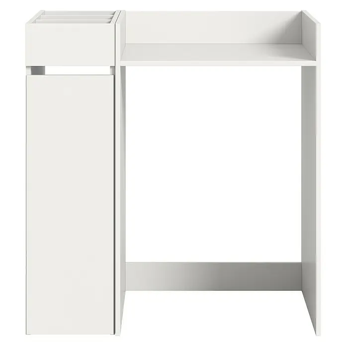 xonox.home Free Waschmaschinenregal - L x B x H: 60 x 95 x 101 cm, Weiß - Aufnahme eines weißen Schreibtisches mit Schrank und offenem Regal, ideal für ein modernes Arbeitszimmer oder Kinderzimmer.