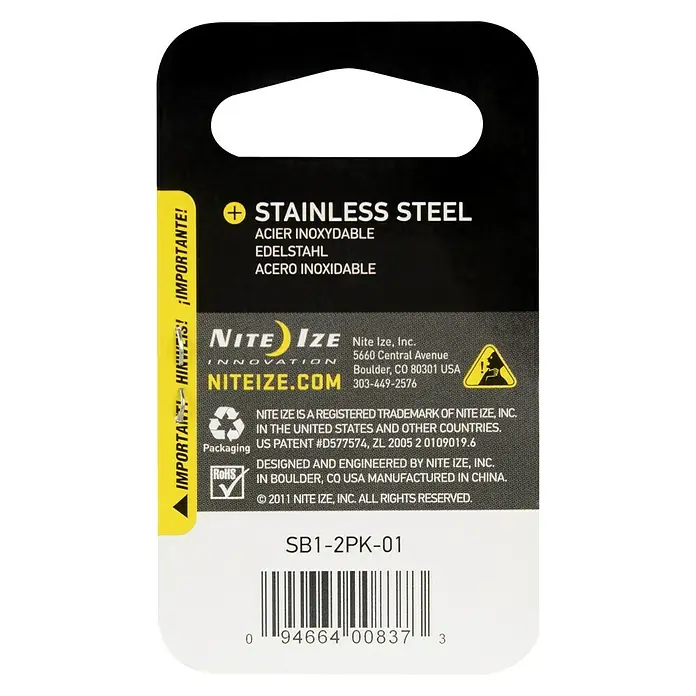 Nite Ize Doppelkarabiner - 40 x 14 mm, Edelstahl, Schwarz, Belastbarkeit: 2,3 kg - Verpackungsaufdruck für Nite Ize SB1-2PK-01 mit dem Hinweis auf Edelstahl und Kontaktdaten.