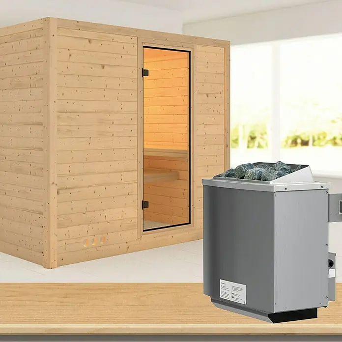 Karibu Massivholzsauna Sonara - Mit 9 kW Ofen mit integrierter Steuerung, Ohne Dachkranz, L x B x H: 231 x 196 x 192 cm - Bild einer Sauna mit Holzverkleidung und einem Saunaofen mit Steinen. Ideal für Entspannung und Wellness zu Hause.