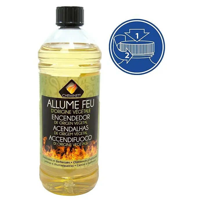 Líquido encendedor Ecológico - 1 l - Una botella de encendedor Cheminee Allume Feu de origen vegetal, ideal para chimeneas y barbacoas. Práctico y ecológico.