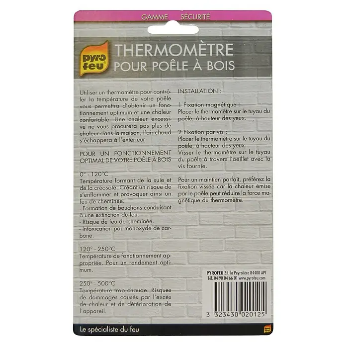Termómetro de contacto con imán - 6,5 x 8,5 cm - Imagen del termómetro Pyrofeu para estufas de leña, para un control óptimo de la temperatura y evitar daños.